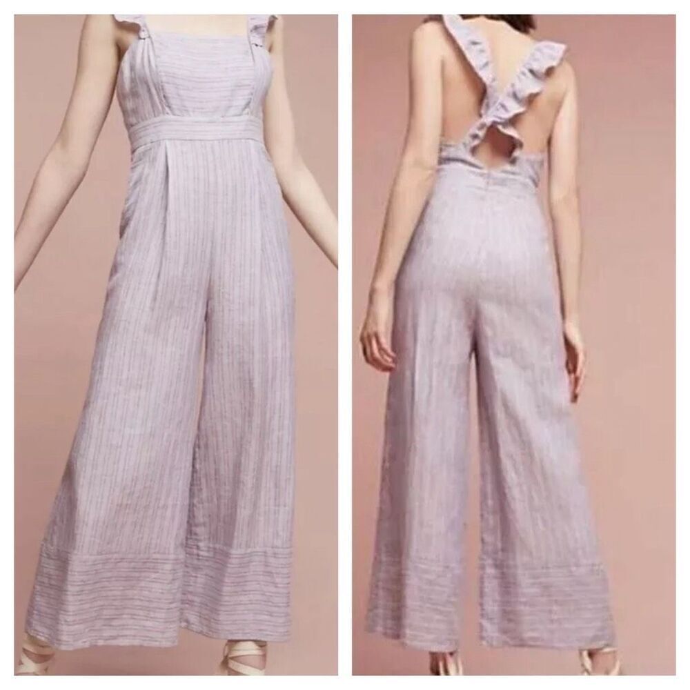 Anthropologie Elevenses Nantucket Linen Jumpsuit Lavender Lilac Sz‎ 4